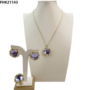 Gold plated jewelry set purple Tound Crystal Necklace Earrings Ring