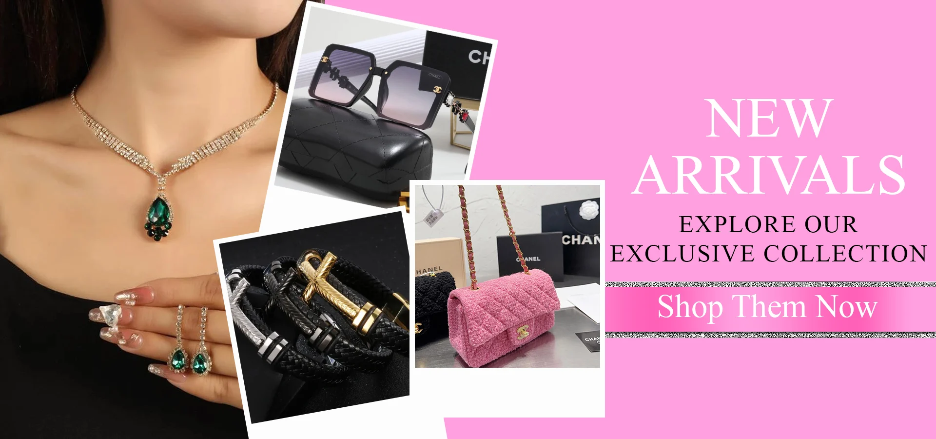 Jewelry boutique NYC new arrivals featuring gemstone necklace, earrings, designer sunglasses, bracelets, and pink handbag collection