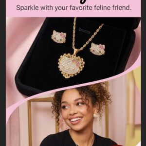 Hello Kitty Gold Tone Rhinestone Cat Charm Pendant Necklace Rope Chain + earrings