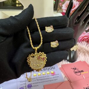 Hello Kitty Gold Tone Rhinestone Cat Charm Pendant Necklace Rope Chain + earrings