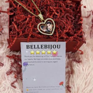 Bellebijou Gold Tone Rope Chain Heart Photo Pendant Necklace, CZ Pavé